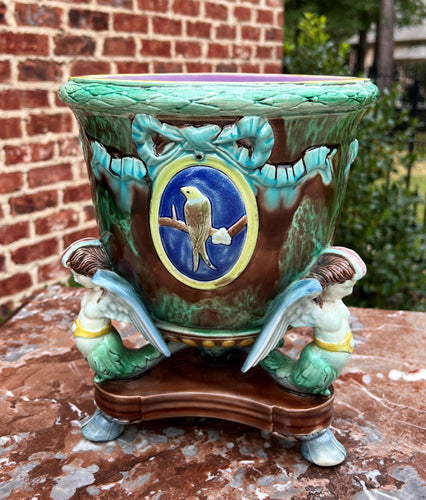 Antique French Majolica Cache Pot Planter Bowl Footed Jardiniere Angels Birds