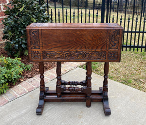 Antique English Drop Leaf Table Carved Top PETITE Trestle Legs Oak c. 1900