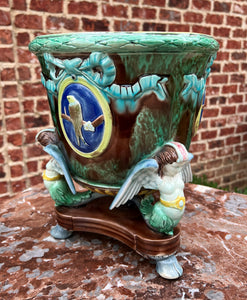 Antique French Majolica Cache Pot Planter Bowl Footed Jardiniere Angels Birds