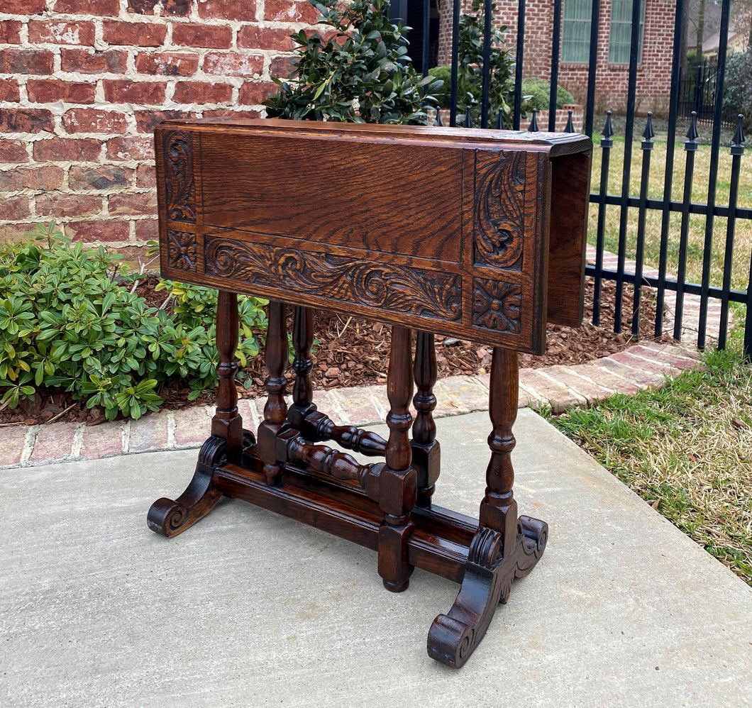 Antique English Drop Leaf Table Carved Top PETITE Trestle Legs Oak c. 1900