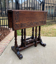 Load image into Gallery viewer, Antique English Drop Leaf Table Carved Top PETITE Trestle Legs Oak c. 1900