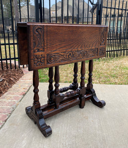 Antique English Drop Leaf Table Carved Top PETITE Trestle Legs Oak c. 1900