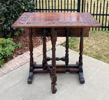 Load image into Gallery viewer, Antique English Drop Leaf Table Carved Top PETITE Trestle Legs Oak c. 1900