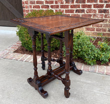 Load image into Gallery viewer, Antique English Drop Leaf Table Carved Top PETITE Trestle Legs Oak c. 1900