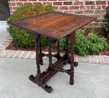 Load image into Gallery viewer, Antique English Drop Leaf Table Carved Top PETITE Trestle Legs Oak c. 1900