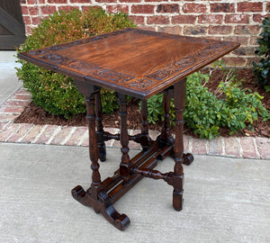 Antique English Drop Leaf Table Carved Top PETITE Trestle Legs Oak c. 1900