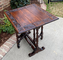 Load image into Gallery viewer, Antique English Drop Leaf Table Carved Top PETITE Trestle Legs Oak c. 1900