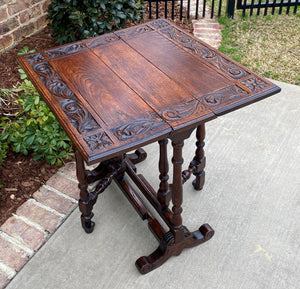 Antique English Drop Leaf Table Carved Top PETITE Trestle Legs Oak c. 1900