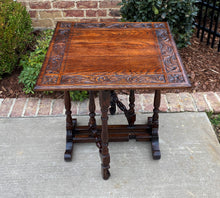 Load image into Gallery viewer, Antique English Drop Leaf Table Carved Top PETITE Trestle Legs Oak c. 1900