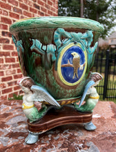 Load image into Gallery viewer, Antique French Majolica Cache Pot Planter Bowl Footed Jardiniere Angels Birds