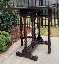 Load image into Gallery viewer, Antique English Drop Leaf Table Carved Top PETITE Trestle Legs Oak c. 1900