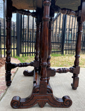 Load image into Gallery viewer, Antique English Drop Leaf Table Carved Top PETITE Trestle Legs Oak c. 1900