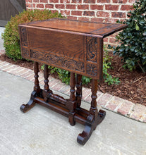 Load image into Gallery viewer, Antique English Drop Leaf Table Carved Top PETITE Trestle Legs Oak c. 1900