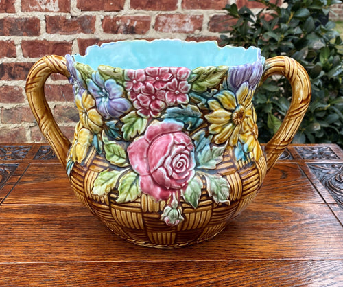 Antique French Majolica Cache Pot Planter Flower Pot Basket Weave Floral Pastel