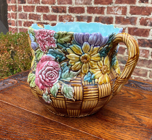 Antique French Majolica Cache Pot Planter Flower Pot Basket Weave Floral Pastel