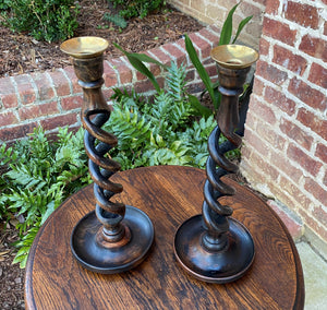 Antique English Candlesticks Candle Holders 14.5"Tall OPEN BARLEY TWIST Oak PAIR