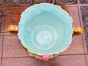 Antique French Majolica Cache Pot Planter Flower Pot Basket Weave Floral Pastel