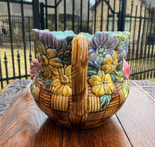 Load image into Gallery viewer, Antique French Majolica Cache Pot Planter Flower Pot Basket Weave Floral Pastel