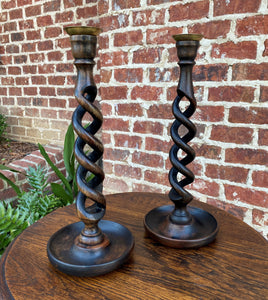Antique English Candlesticks Candle Holders 14.5"Tall OPEN BARLEY TWIST Oak PAIR