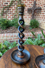 Load image into Gallery viewer, Antique English Candlesticks Candle Holders 14.5&quot;Tall OPEN BARLEY TWIST Oak PAIR
