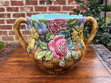 Load image into Gallery viewer, Antique French Majolica Cache Pot Planter Flower Pot Basket Weave Floral Pastel
