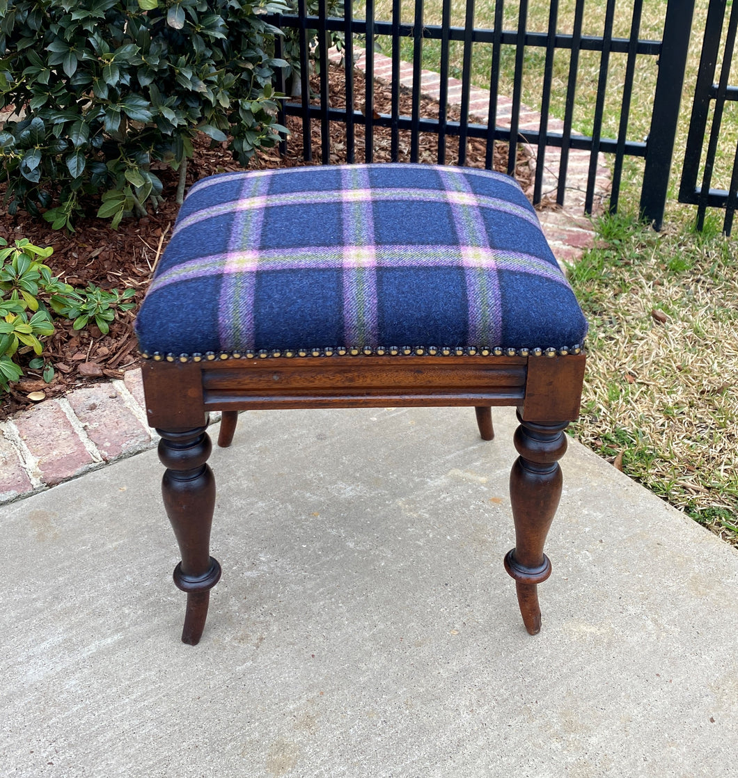 Antique English Stool Footstool Vanity Bench Oak Blue Plaid Wool Upholstered