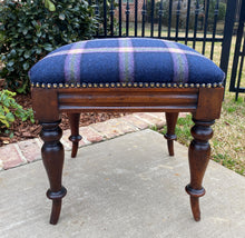 Load image into Gallery viewer, Antique English Stool Footstool Vanity Bench Oak Blue Plaid Wool Upholstered