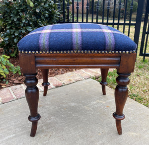Antique English Stool Footstool Vanity Bench Oak Blue Plaid Wool Upholstered