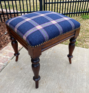 Antique English Stool Footstool Vanity Bench Oak Blue Plaid Wool Upholstered