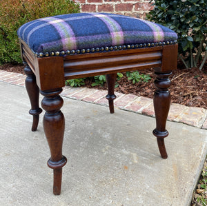 Antique English Stool Footstool Vanity Bench Oak Blue Plaid Wool Upholstered