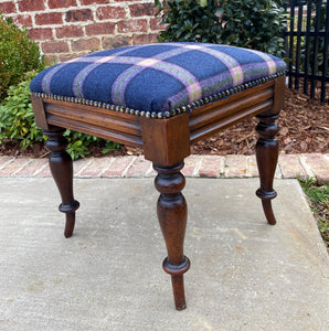 Antique English Stool Footstool Vanity Bench Oak Blue Plaid Wool Upholstered