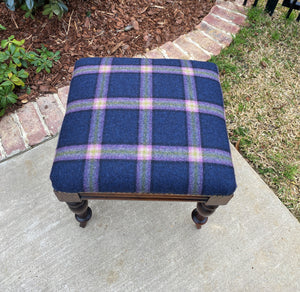 Antique English Stool Footstool Vanity Bench Oak Blue Plaid Wool Upholstered