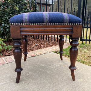 Antique English Stool Footstool Vanity Bench Oak Blue Plaid Wool Upholstered