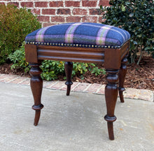 Load image into Gallery viewer, Antique English Stool Footstool Vanity Bench Oak Blue Plaid Wool Upholstered