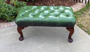 Vintage English Chesterfield Bench Stool Footstool Tufted Green Leather Oak