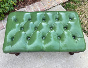 Vintage English Chesterfield Bench Stool Footstool Tufted Green Leather Oak