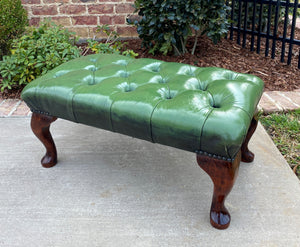 Vintage English Chesterfield Bench Stool Footstool Tufted Green Leather Oak