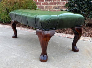 Vintage English Chesterfield Bench Stool Footstool Tufted Green Leather Oak