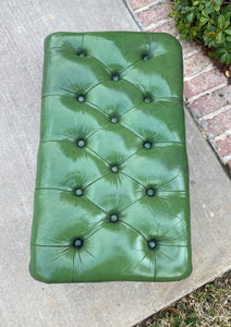 Vintage English Chesterfield Bench Stool Footstool Tufted Green Leather Oak