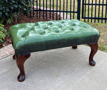 Load image into Gallery viewer, Vintage English Chesterfield Bench Stool Footstool Tufted Green Leather Oak