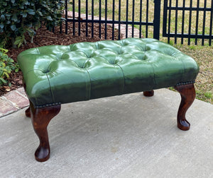 Vintage English Chesterfield Bench Stool Footstool Tufted Green Leather Oak