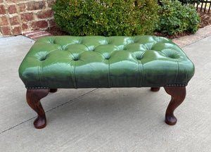 Vintage English Chesterfield Bench Stool Footstool Tufted Green Leather Oak