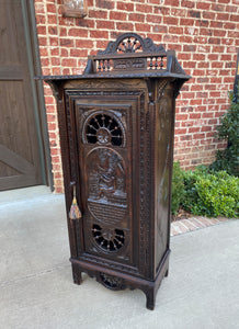 Antique French Breton Cabinet Bonnetiere Cupboard Carved Dark Oak Brittany 19thC