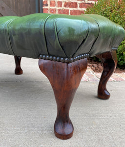 Vintage English Chesterfield Bench Stool Footstool Tufted Green Leather Oak