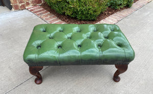 Vintage English Chesterfield Bench Stool Footstool Tufted Green Leather Oak