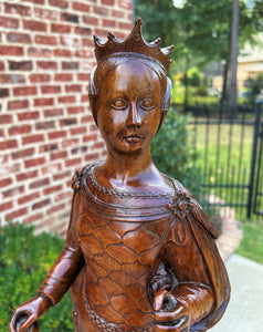 Antique French Statue Figure Sculpture Queen Lady with Crown Medieval Oak 25.25"