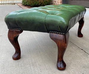 Vintage English Chesterfield Bench Stool Footstool Tufted Green Leather Oak