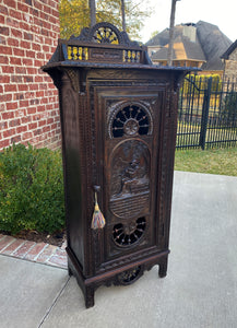 Antique French Breton Cabinet Bonnetiere Cupboard Carved Dark Oak Brittany 19thC