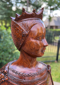 Antique French Statue Figure Sculpture Queen Lady with Crown Medieval Oak 25.25"