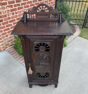 Antique French Breton Cabinet Bonnetiere Cupboard Carved Dark Oak Brittany 19thC